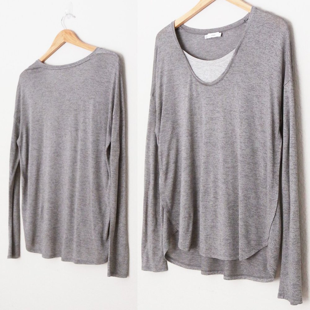 Vince Layered Two Tone Long Sleeve Tee Top M Round Neckline Curve Hem Sleek Slim - Picture 15 of 15